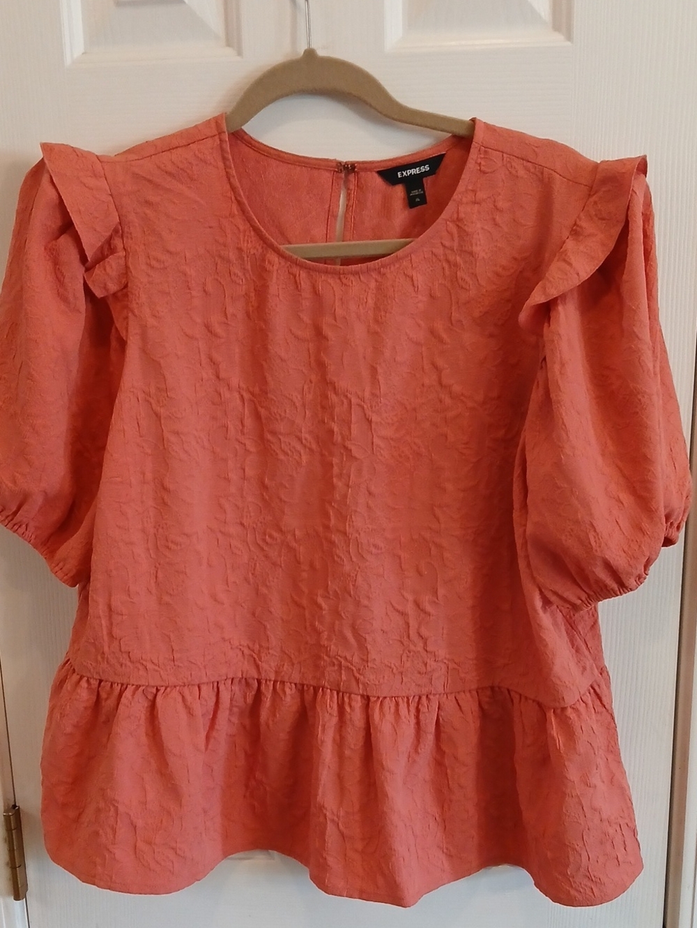Express Coral Ruffled Puff-Sleeve Peplum Blouse
